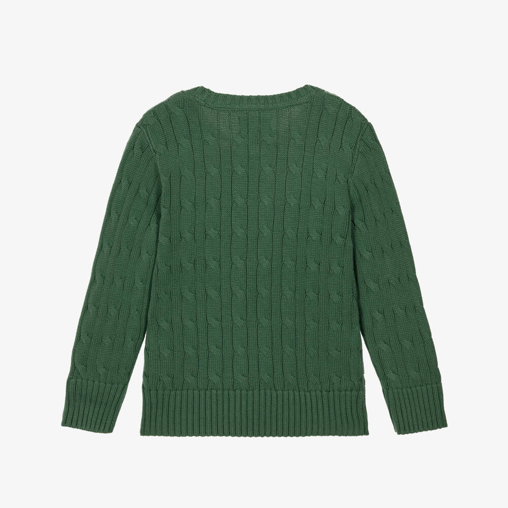 Ralph Lauren-Boys Green Cable Knit Sweater with Crew Neck | Childrensalon