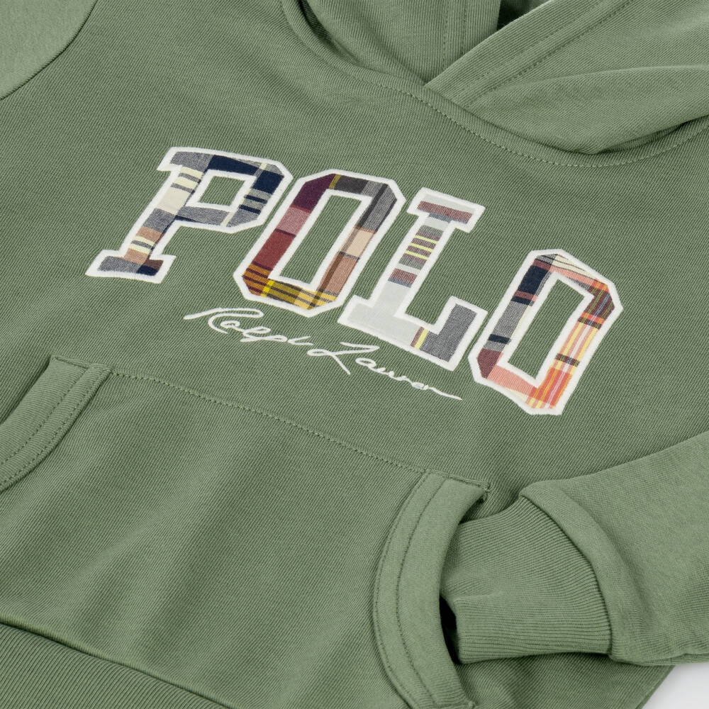 Ralph Lauren-Boys Green Cotton Hoodie with Check Polo Logo | Childrensalon