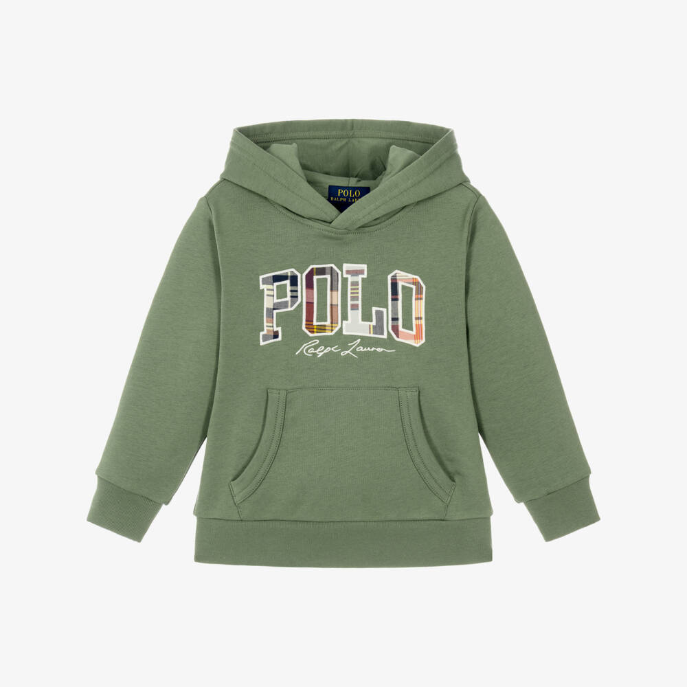Ralph Lauren-Boys Green Cotton Hoodie with Check Polo Logo | Childrensalon