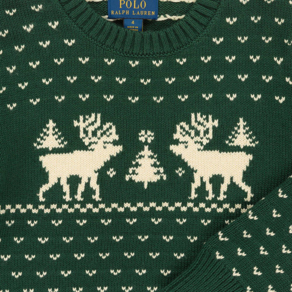 Ralph Lauren-Boys Green Cotton Knit Fair Isle Sweater with Reindeer  | Childrensalon