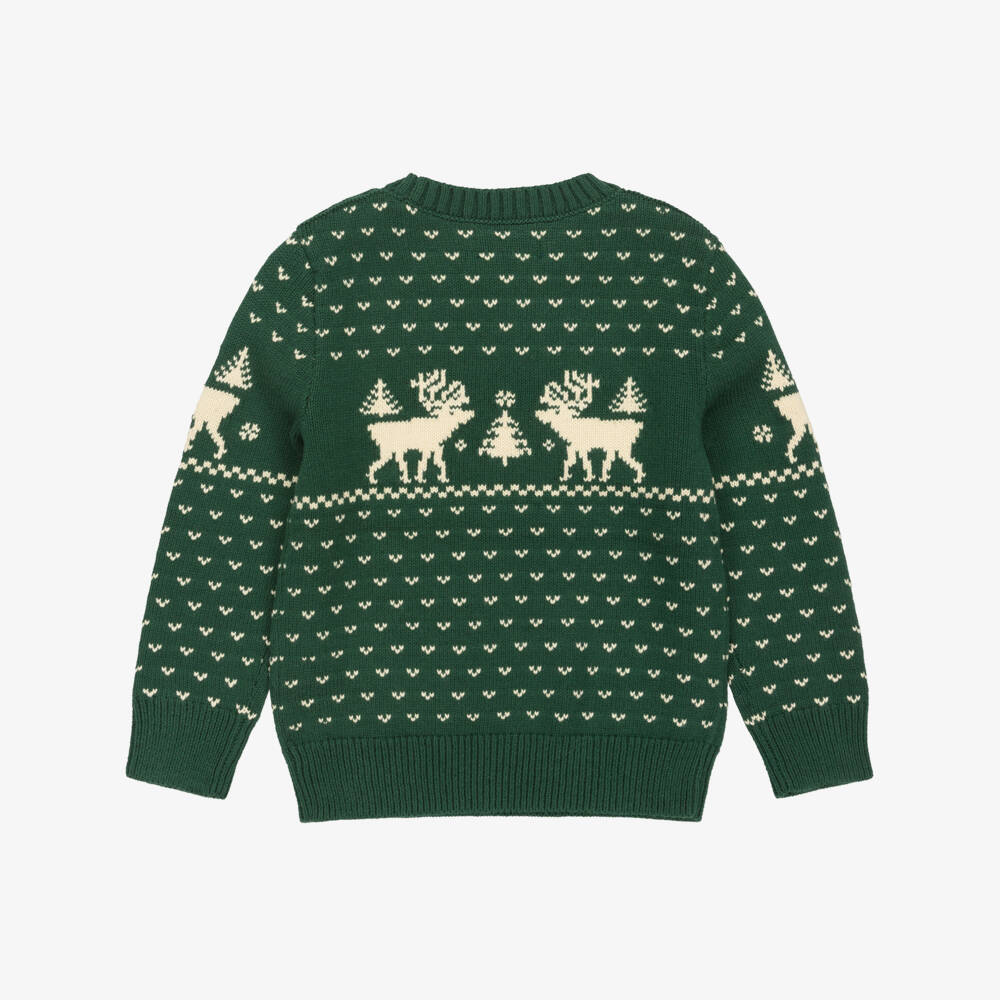 Ralph Lauren-Boys Green Cotton Knit Fair Isle Sweater with Reindeer  | Childrensalon