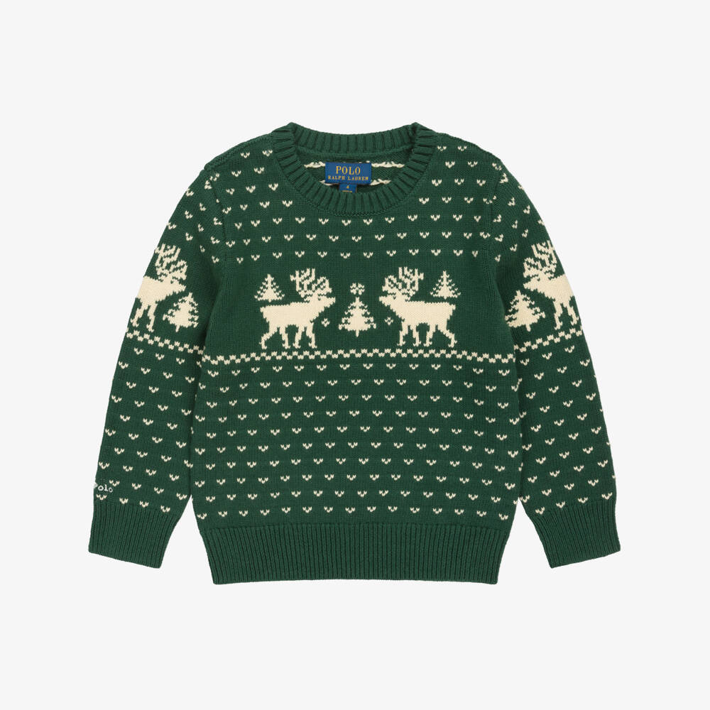 Ralph Lauren-Boys Green Cotton Knit Fair Isle Sweater with Reindeer  | Childrensalon