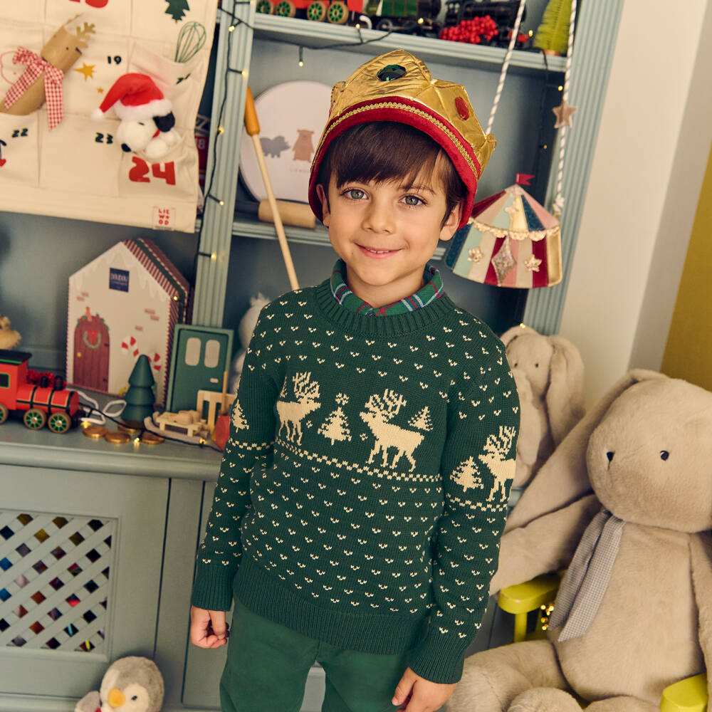 Ralph Lauren-Boys Green Cotton Knit Fair Isle Sweater with Reindeer  | Childrensalon