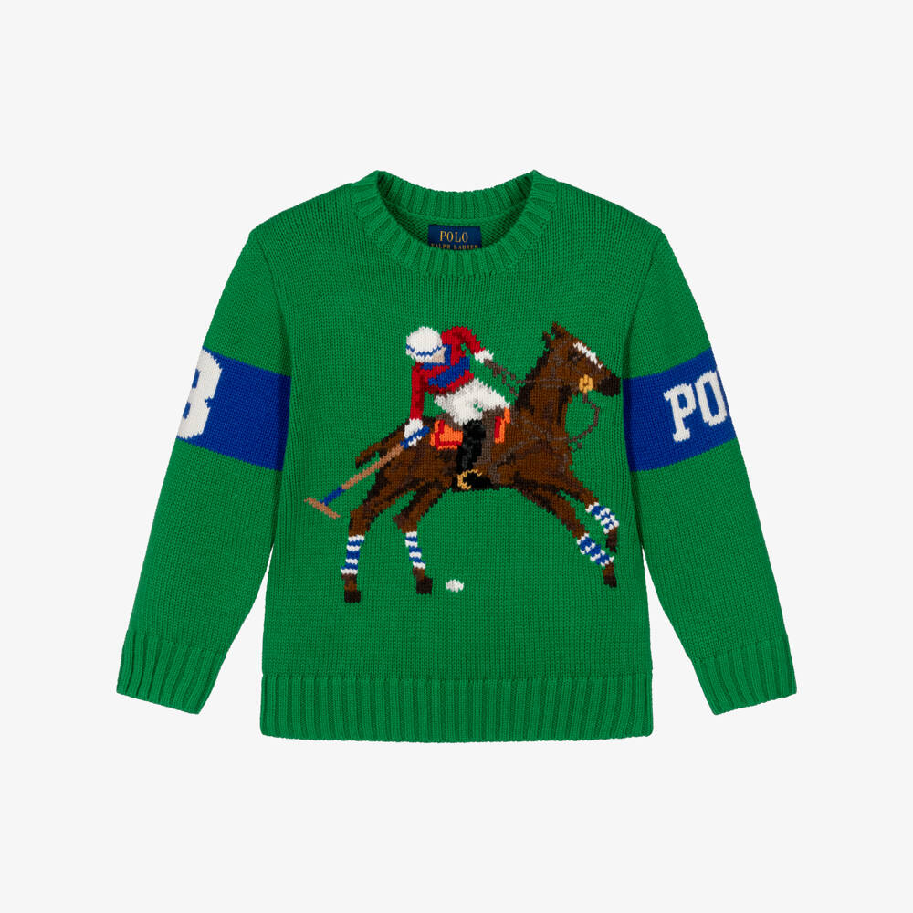 Ralph Lauren-Boys Green Cotton Knit Sweater with Polo Player | Childrensalon