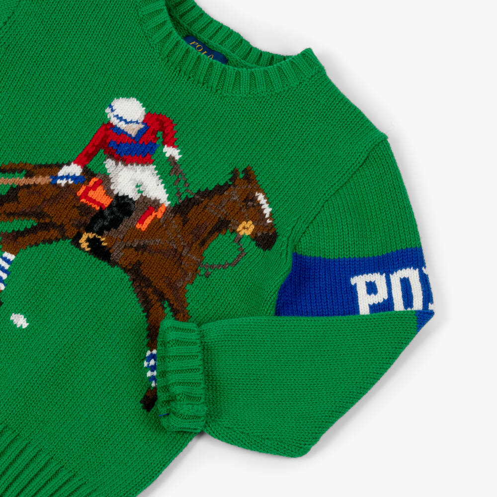 Ralph Lauren-Boys Green Cotton Knit Sweater with Polo Player | Childrensalon