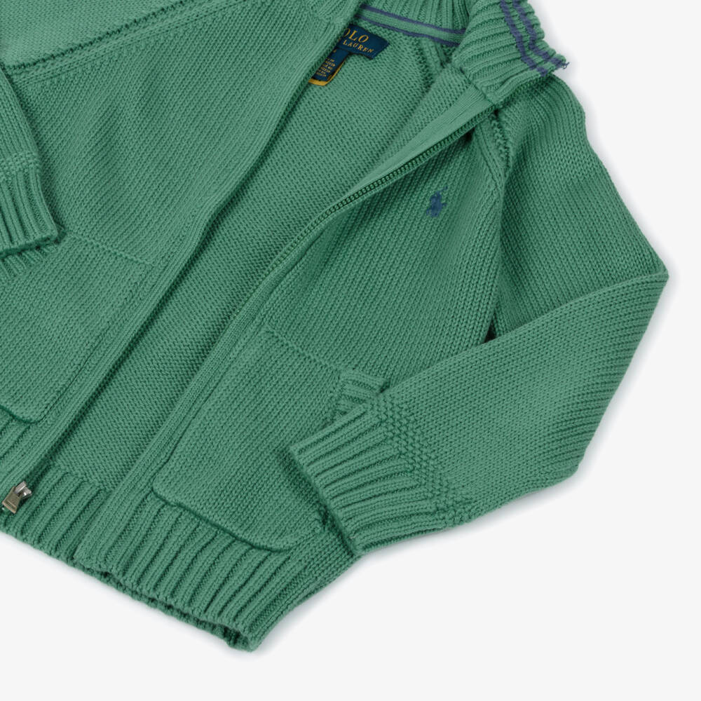 Ralph Lauren-Boys Green Cotton Knit Zip-Up Top | Childrensalon