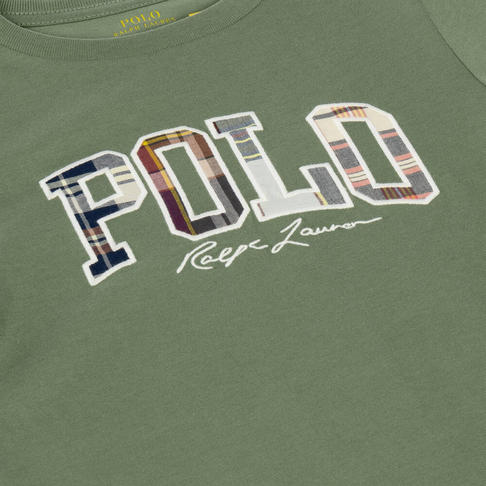 Ralph Lauren-Boys Green Cotton T-Shirt with Check Polo Logo | Childrensalon