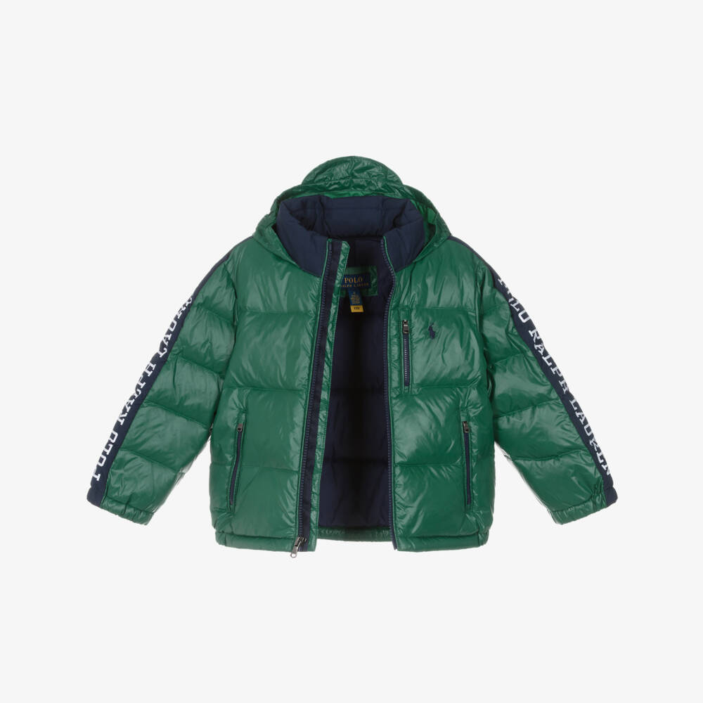 Ralph Lauren-Boys Green Down Puffer Jacket with Foldaway Hood | Childrensalon