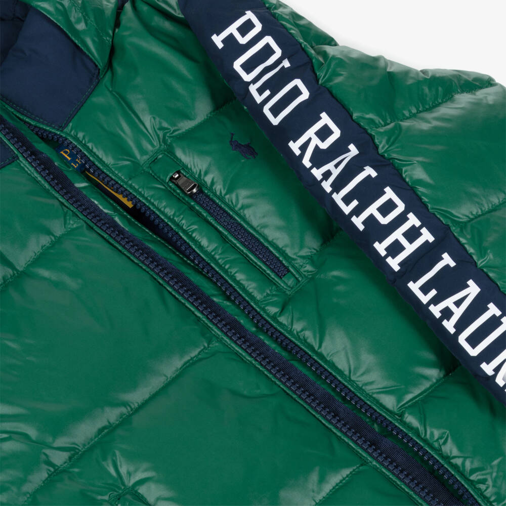 Ralph Lauren-Boys Green Down Puffer Jacket with Foldaway Hood | Childrensalon