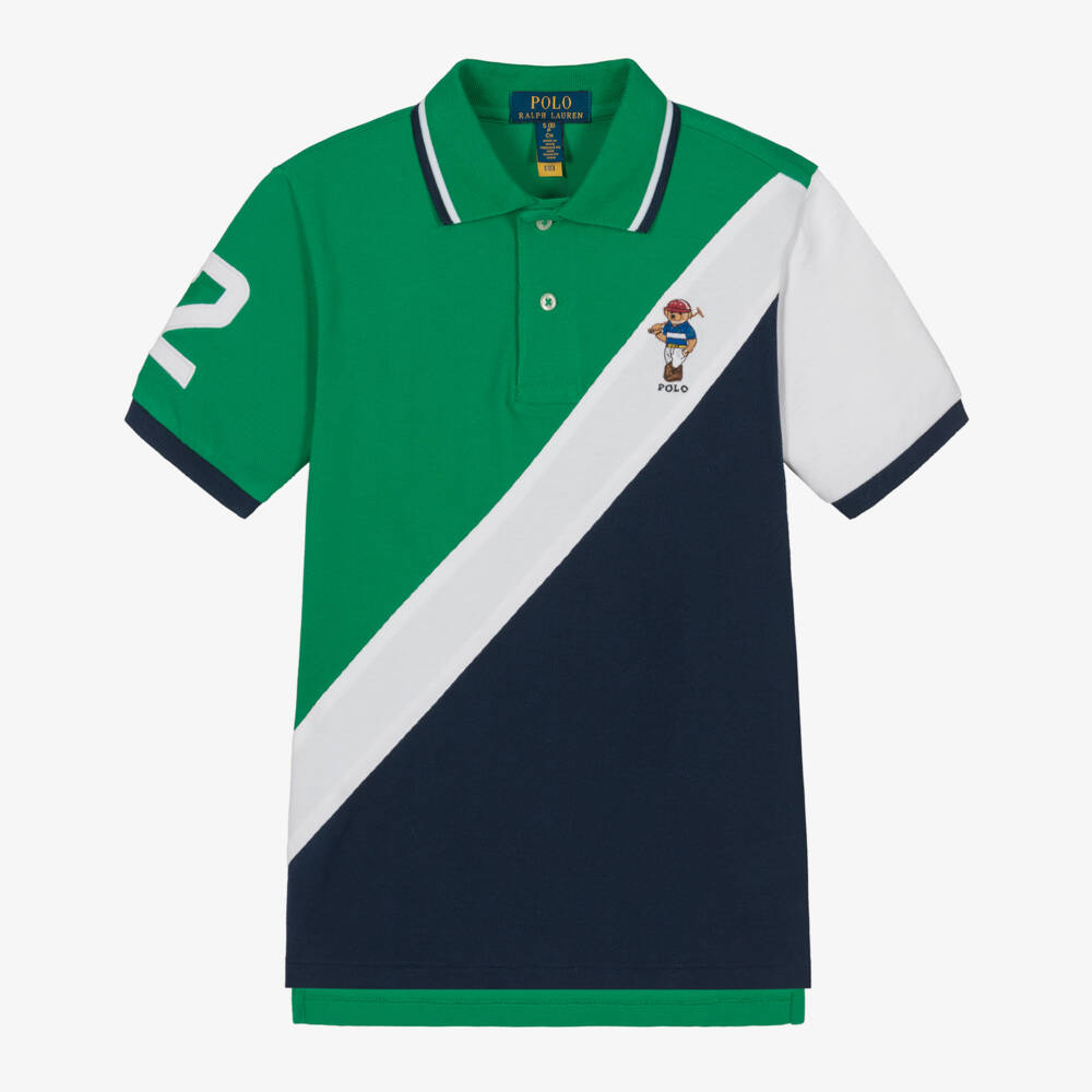 Ralph Lauren-Boys Green & Navy Blue Piqué Polo Shirt | Childrensalon