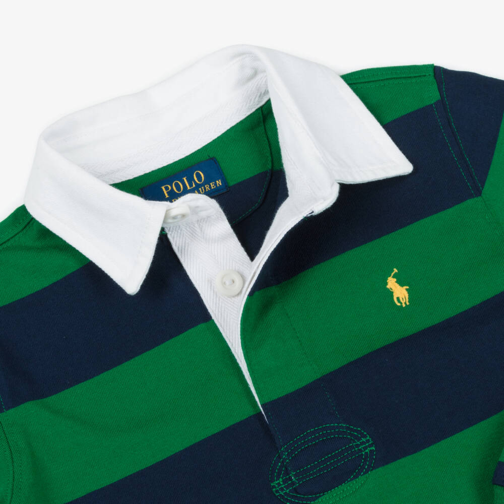 Ralph Lauren-Boys Green & Navy Blue Stripe Rugby Shirt | Childrensalon