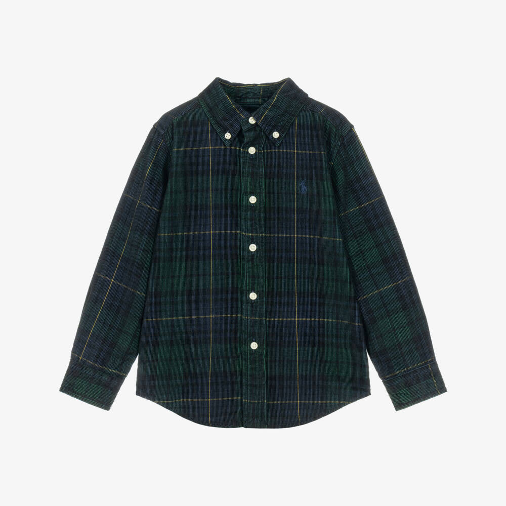 Ralph Lauren-Boys Green & Navy Blue Tartan Corduroy Shirt | Childrensalon