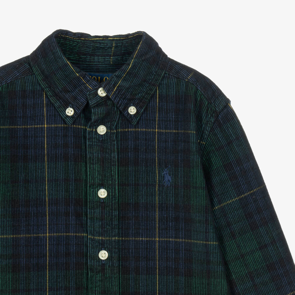 Ralph Lauren-Boys Green & Navy Blue Tartan Corduroy Shirt | Childrensalon