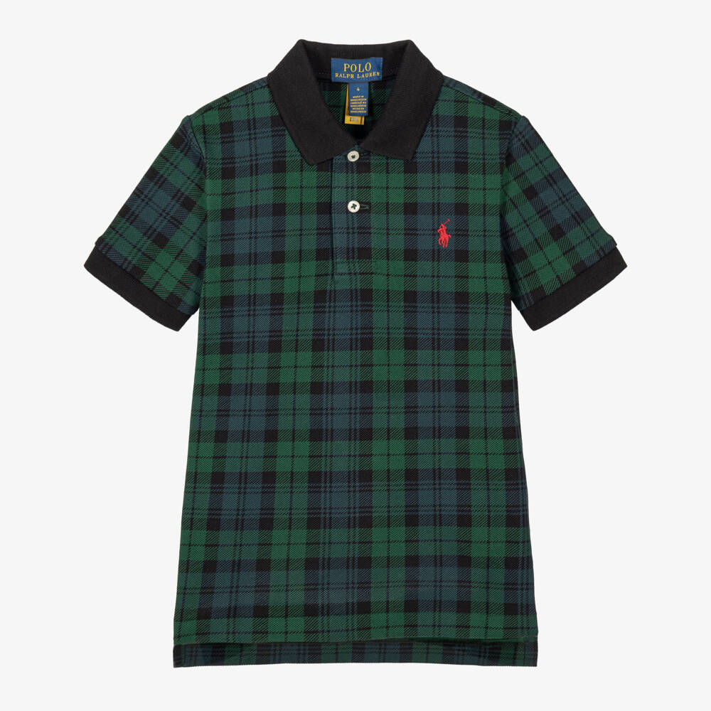 Ralph Lauren-Boys Green & Navy Tartan Piqué Polo Shirt | Childrensalon