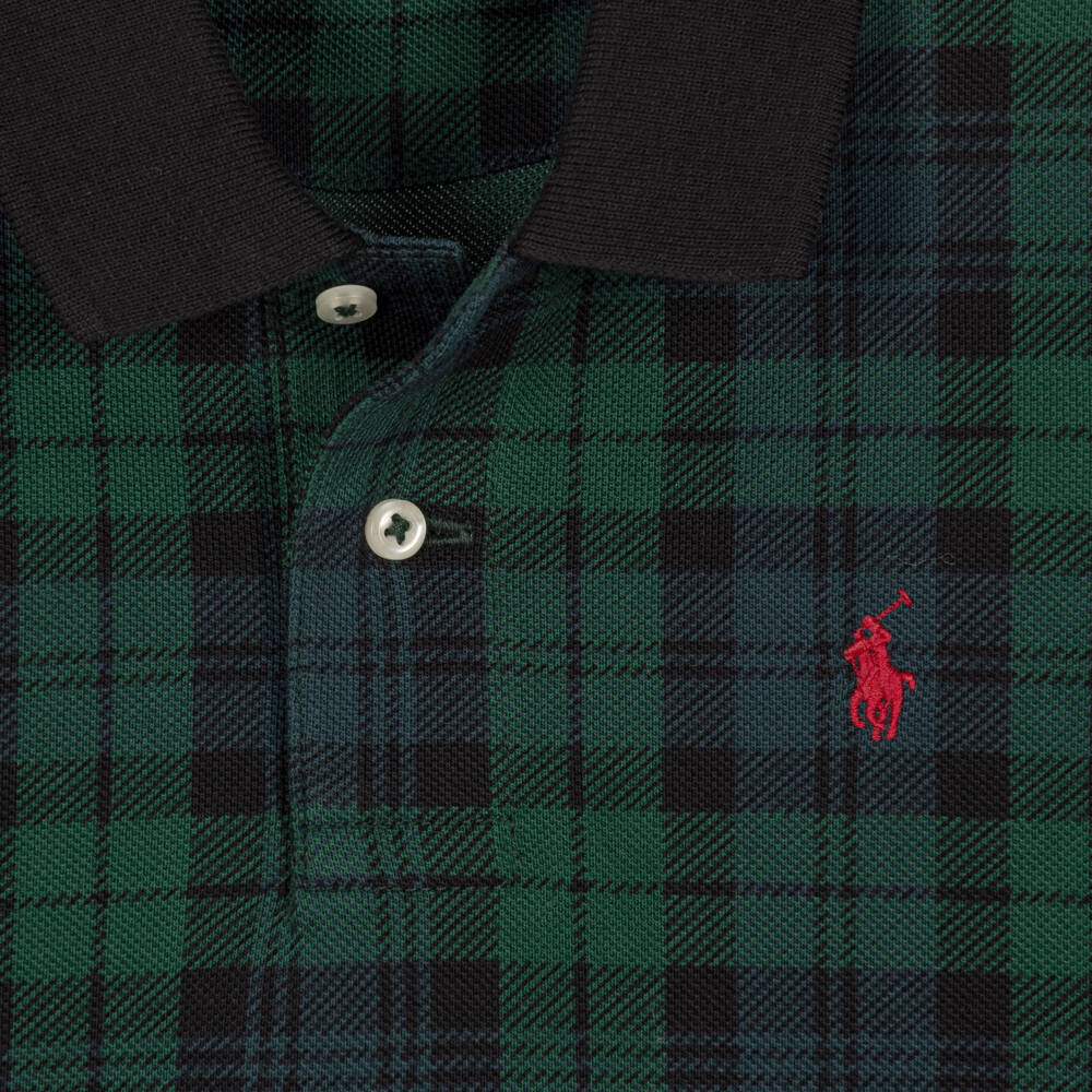 Ralph Lauren-Boys Green & Navy Tartan Piqué Polo Shirt | Childrensalon