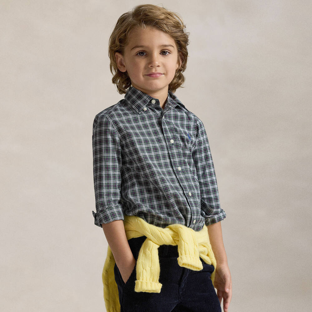 Ralph Lauren-Boys Green & Purple Checked Cotton Shirt | Childrensalon