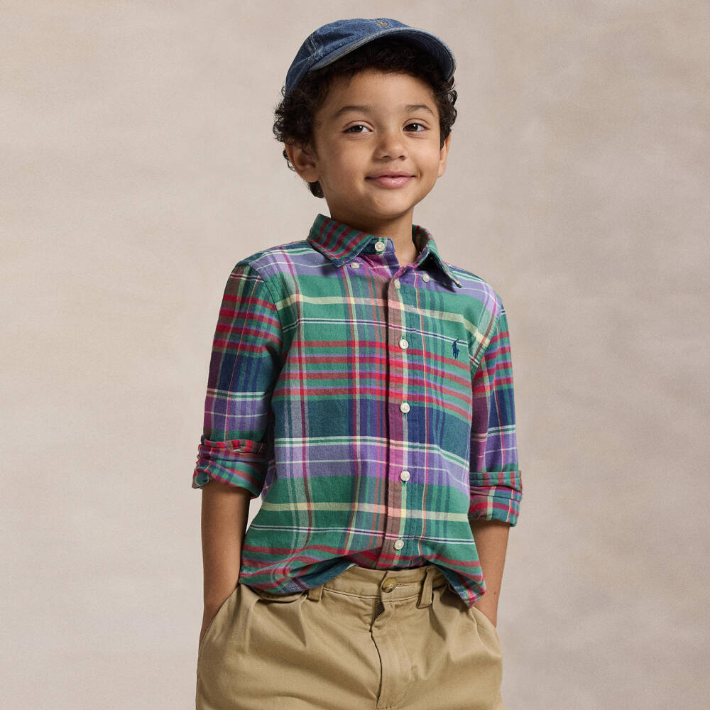 Ralph Lauren-قميص قطن تارتان لون أخضر وبنفسجي للأولاد | Childrensalon