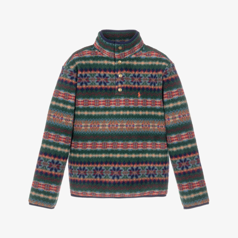 Ralph Lauren-Boys Green & Red Fair Isle Fleece Sweatshirt | Childrensalon