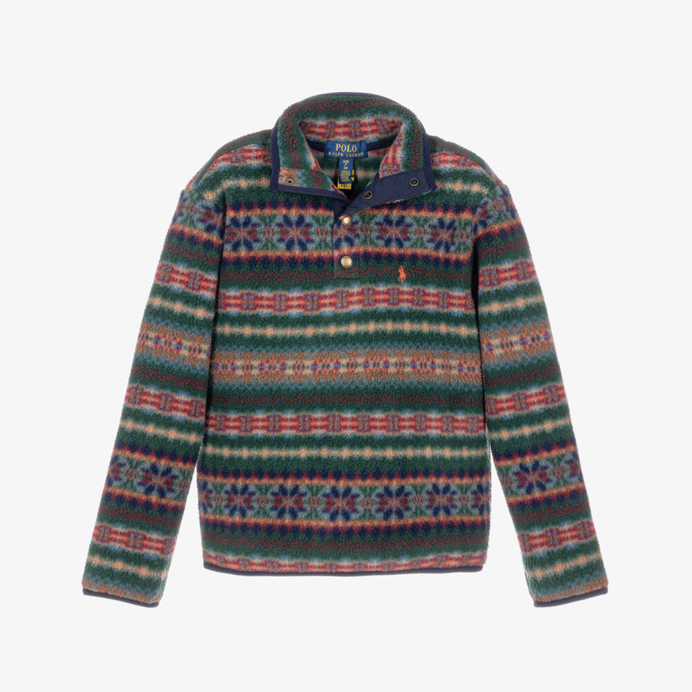 Ralph Lauren-Boys Green & Red Fair Isle Fleece Sweatshirt | Childrensalon