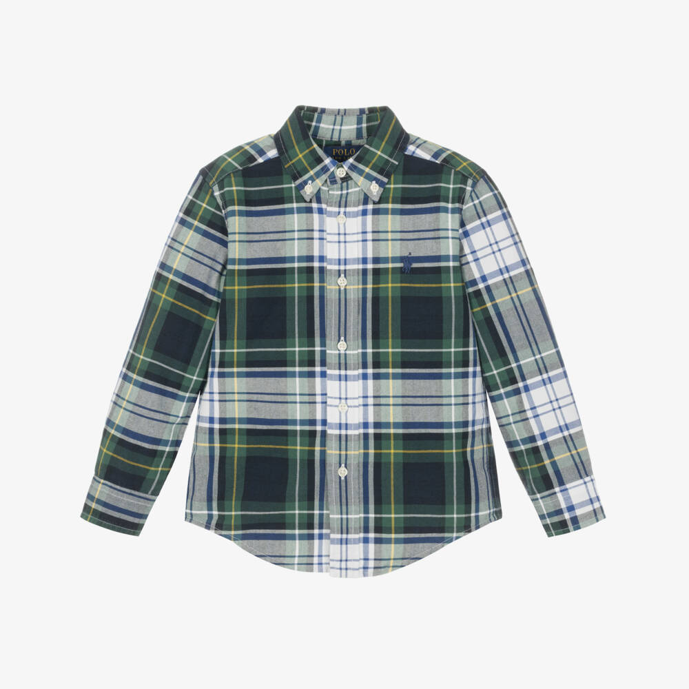Ralph Lauren-Boys Green & White Check Shirt in Oxford Cotton | Childrensalon