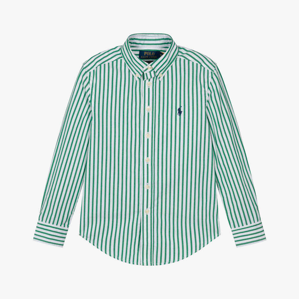 Ralph Lauren-Boys Green & White Stripe Cotton Shirt | Childrensalon