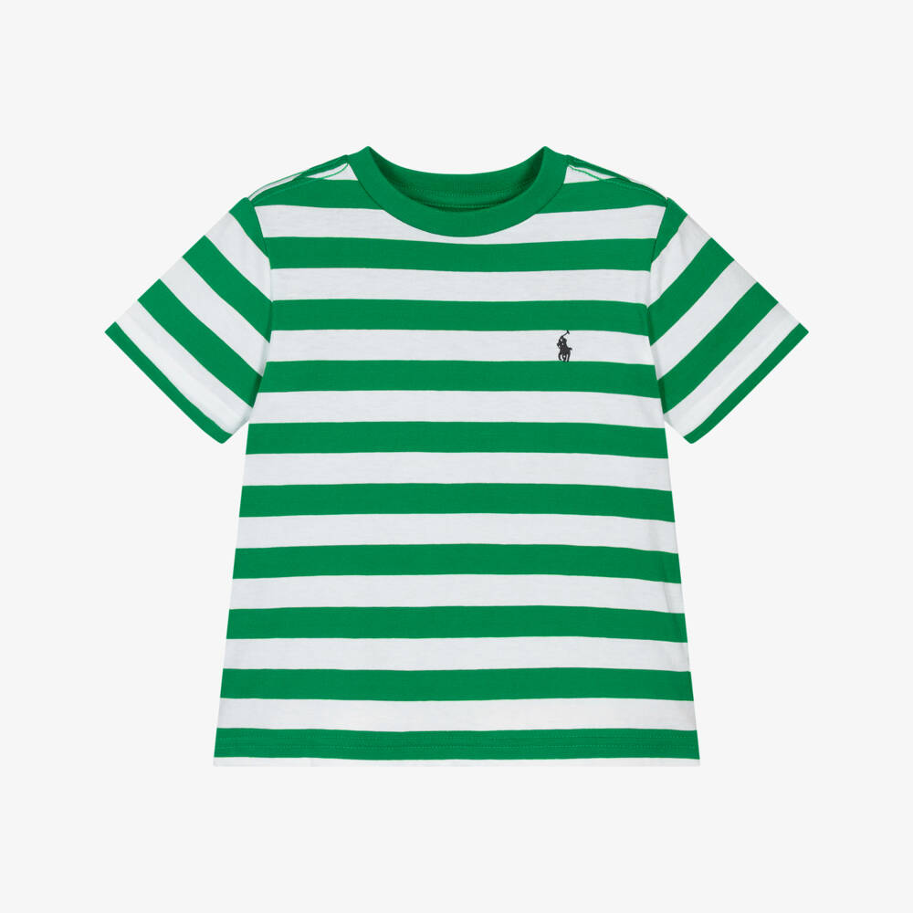 Ralph Lauren-Boys Green & White Stripe Cotton T-Shirt | Childrensalon