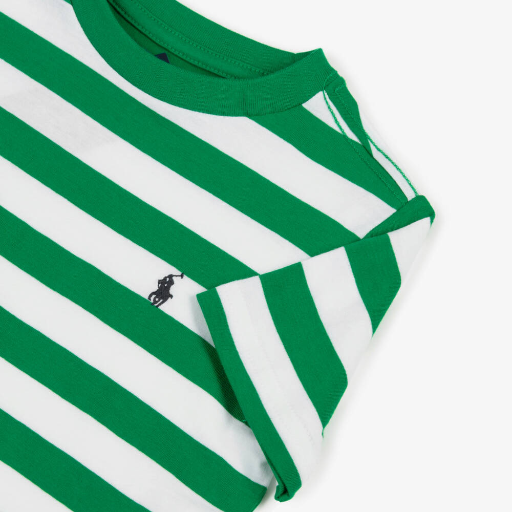 Ralph Lauren-Boys Green & White Stripe Cotton T-Shirt | Childrensalon