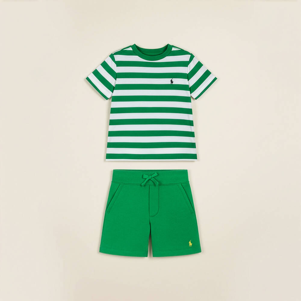 Ralph Lauren-Boys Green & White Stripe Cotton T-Shirt | Childrensalon