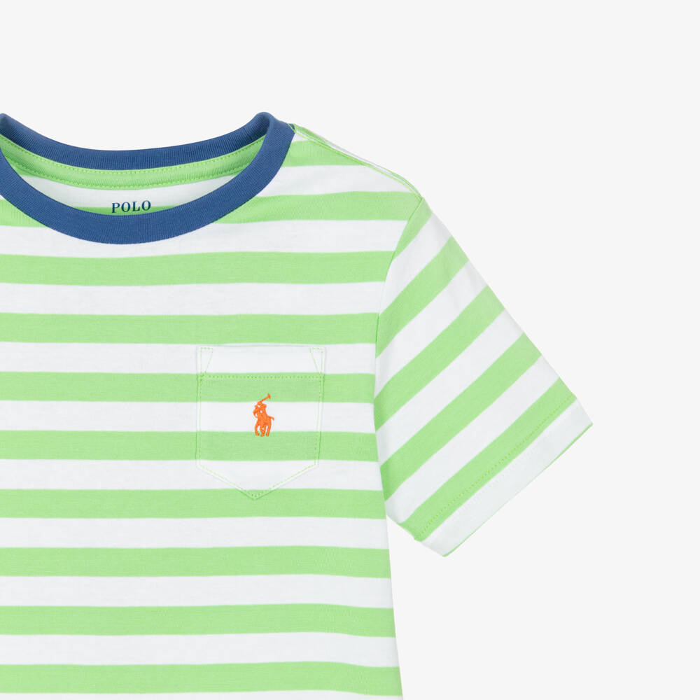 Ralph Lauren-تيشيرت قطن مقلم لون أخضر وأبيض للأولاد | Childrensalon