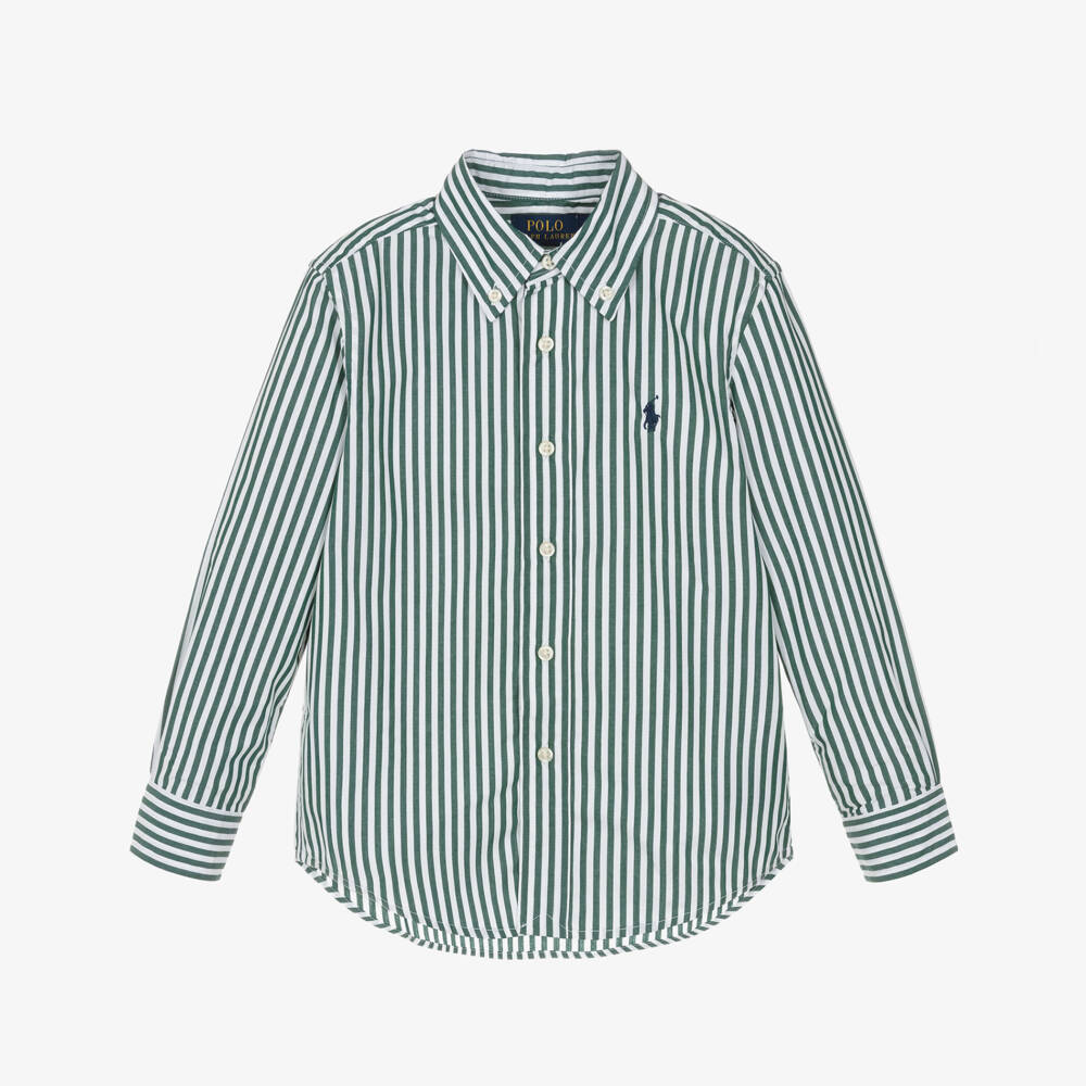 Ralph Lauren-Boys Green & White Striped Cotton Shirt | Childrensalon