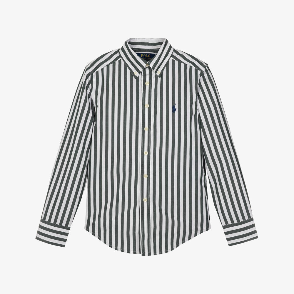 Ralph Lauren-Boys Green & White Striped Cotton Shirt | Childrensalon