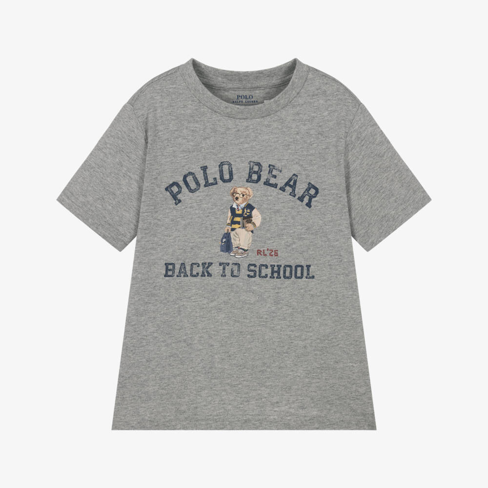 Ralph Lauren-Boys Grey Back To School Polo Bear T-Shirt | Childrensalon