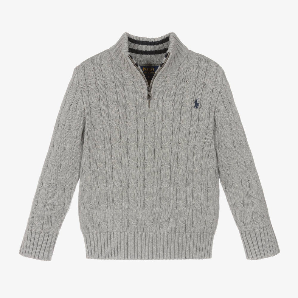 Ralph Lauren-Boys Grey Cable Knit Quarter-Zip Sweater | Childrensalon