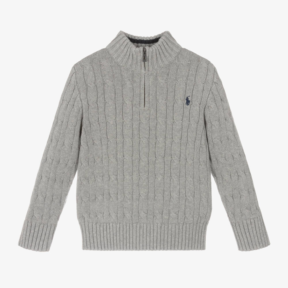 Ralph Lauren-Boys Grey Cable Knit Quarter-Zip Sweater | Childrensalon