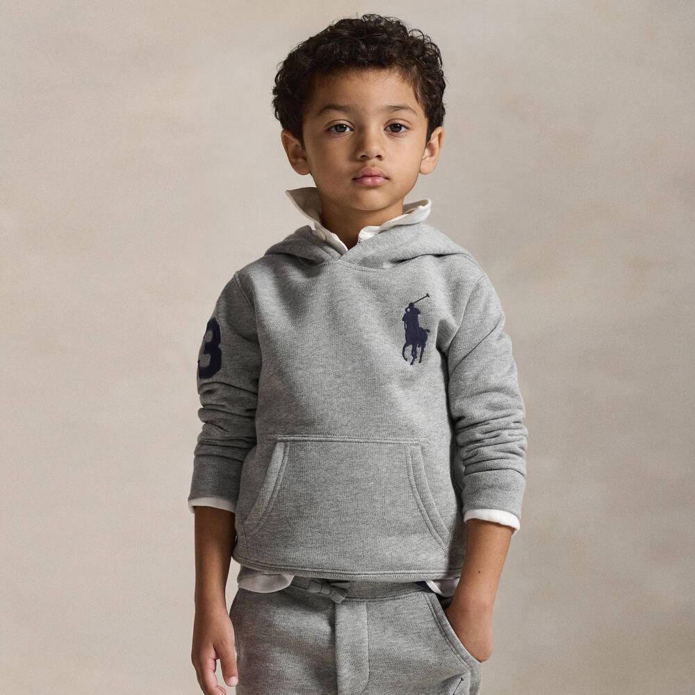 Ralph Lauren-هودي بغطاء رأس قطن لون رمادي للأولاد  | Childrensalon