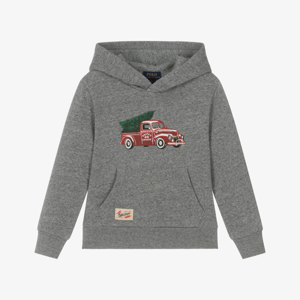 Ralph Lauren-Boys Grey Cotton Hoodie with Truck Print | Childrensalon