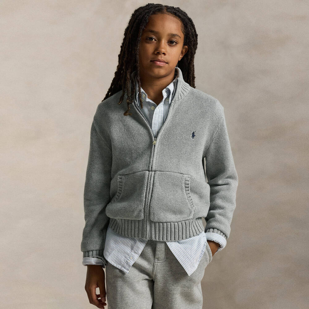 Ralph Lauren-توب بسحاب قطن محبوك لون رمادي للأولاد  | Childrensalon