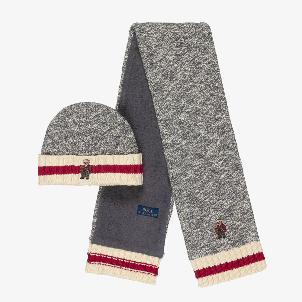 Ralph Lauren-Boys Grey Marl Polo Bear Cotton Knit Hat & Scarf Set | Childrensalon