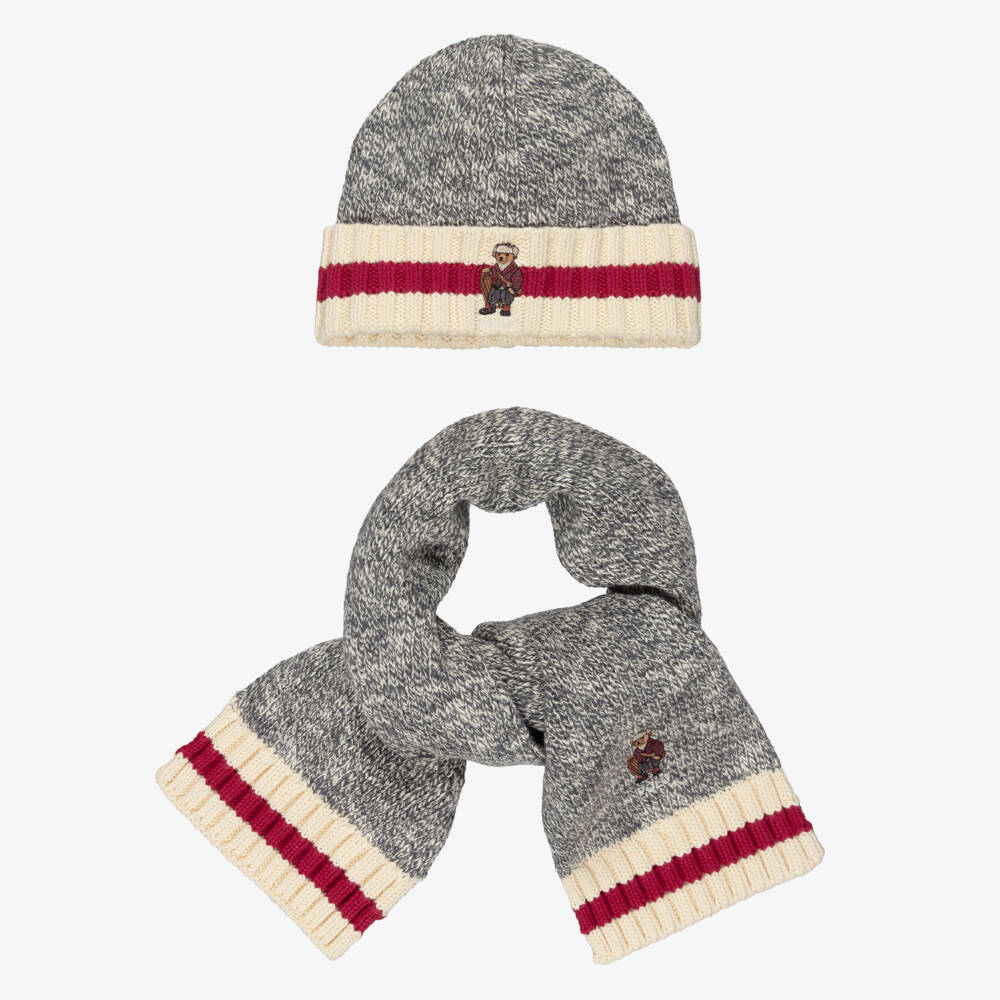 Ralph Lauren-Boys Grey Marl Polo Bear Cotton Knit Hat & Scarf Set | Childrensalon