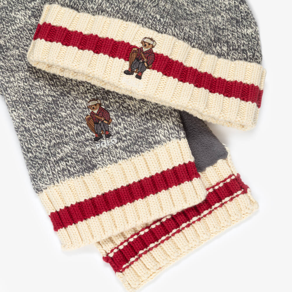 Ralph Lauren-Boys Grey Marl Polo Bear Cotton Knit Hat & Scarf Set | Childrensalon