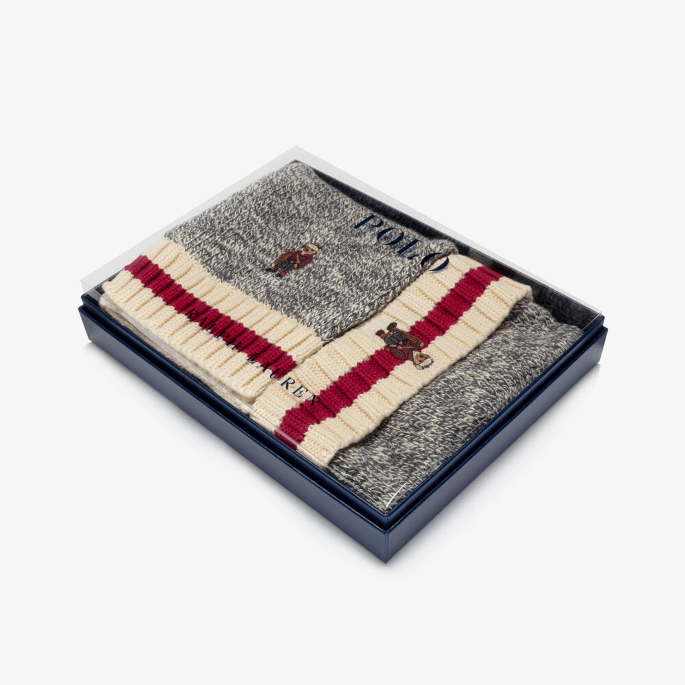Ralph Lauren-Boys Grey Marl Polo Bear Cotton Knit Hat & Scarf Set | Childrensalon