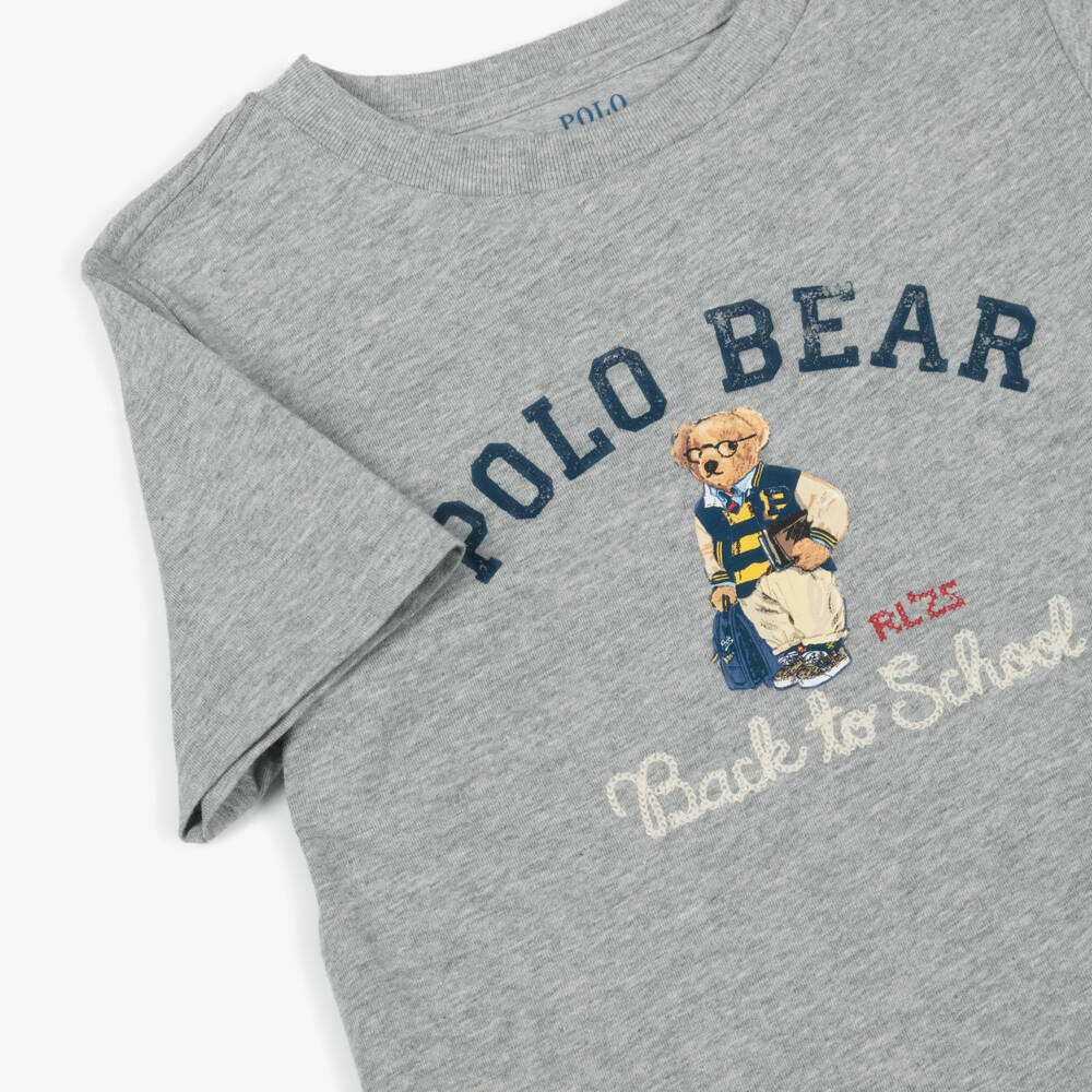 Ralph Lauren-Boys Grey Marl School Polo Bear T-Shirt | Childrensalon
