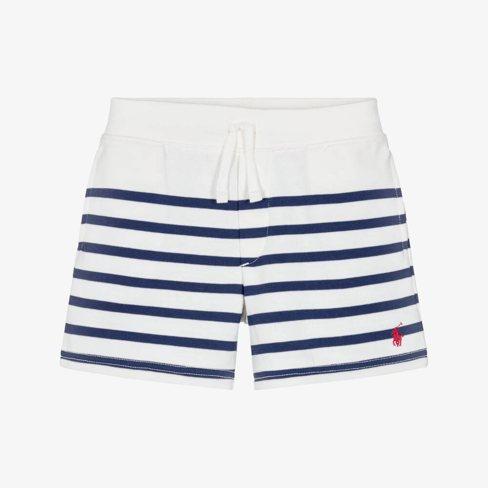 Ralph Lauren-Boys Ivory & Blue Stripe Cotton Jersey Drawstring Shorts | Childrensalon