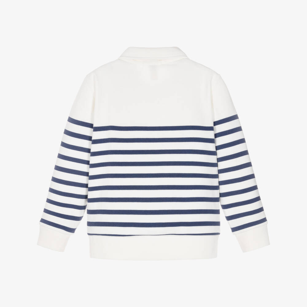 Ralph Lauren-Boys Ivory & Blue Stripe Cotton Quarter Zip Sweatshirt | Childrensalon