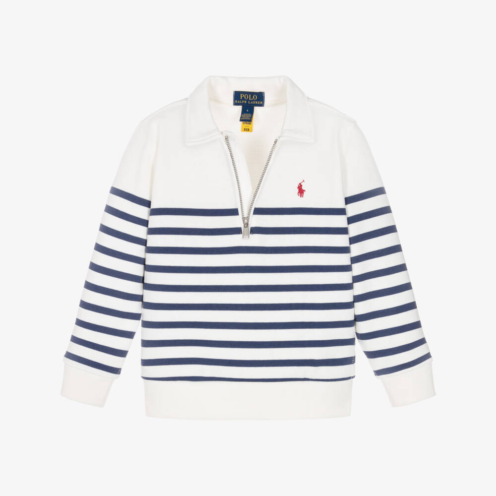 Ralph Lauren-Boys Ivory & Blue Stripe Cotton Quarter Zip Sweatshirt | Childrensalon
