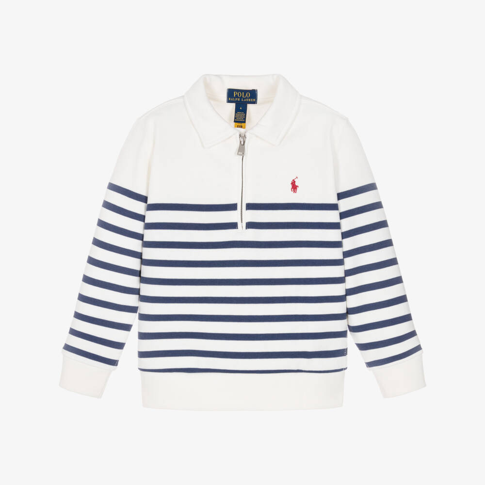Ralph Lauren-Boys Ivory & Blue Stripe Cotton Quarter Zip Sweatshirt | Childrensalon