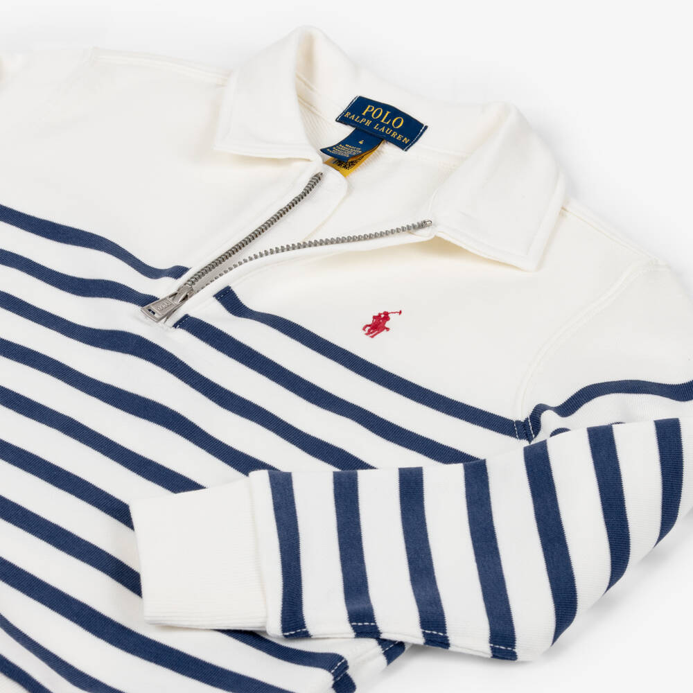 Ralph Lauren-Boys Ivory & Blue Stripe Cotton Quarter Zip Sweatshirt | Childrensalon