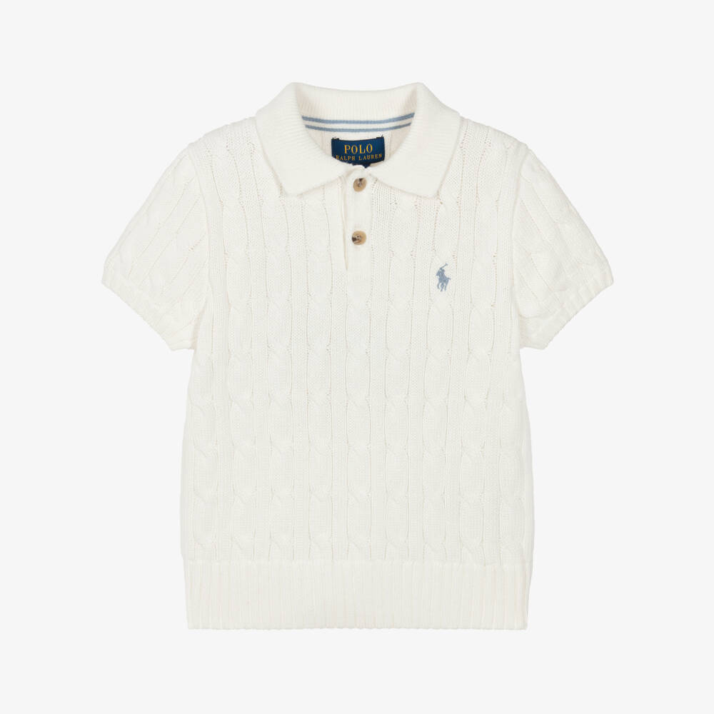 Ralph Lauren-Boys Ivory Cable Knit Short Sleeved Polo Shirt | Childrensalon