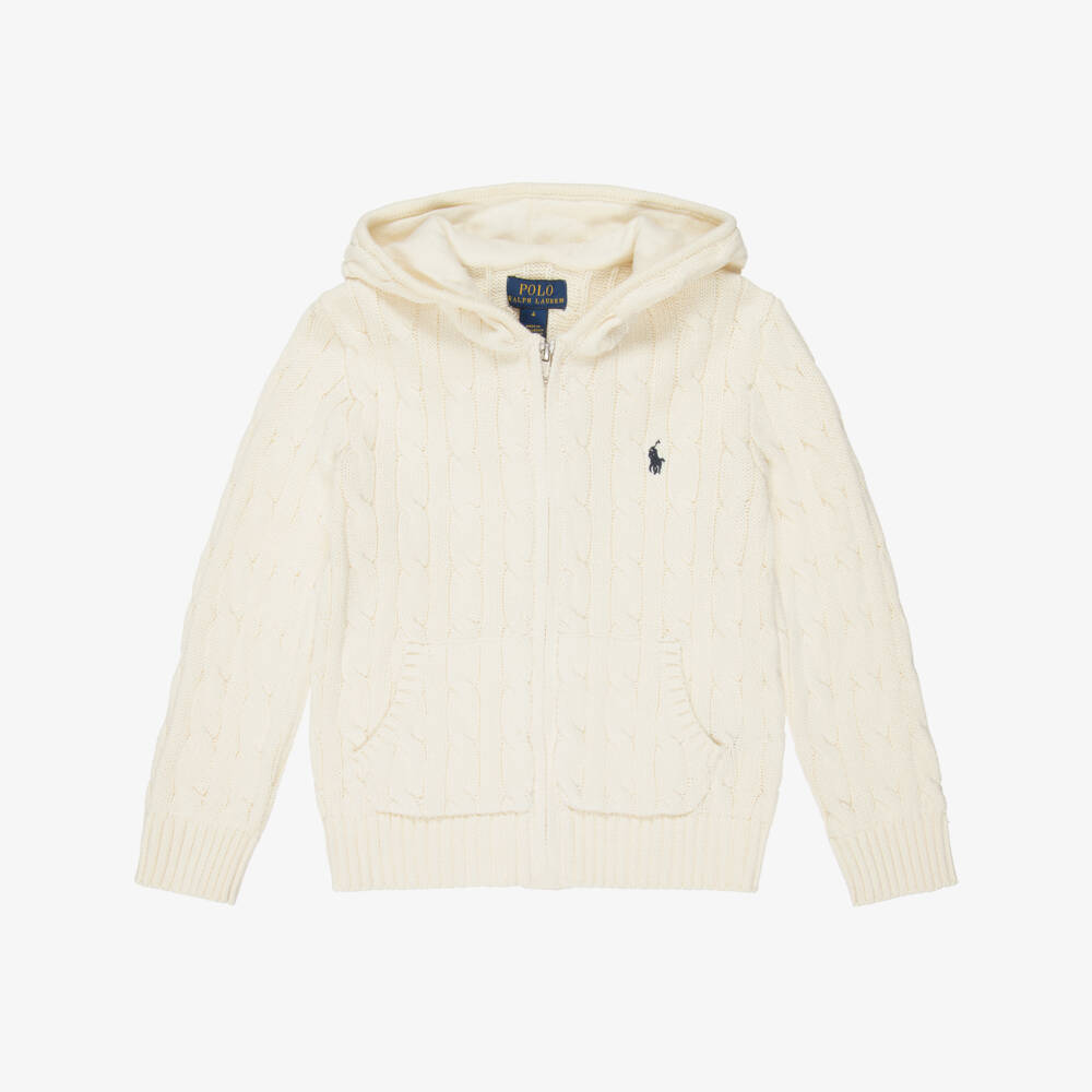 Ralph Lauren-Boys Ivory Cable-Knit Zip-Up Hoodie | Childrensalon