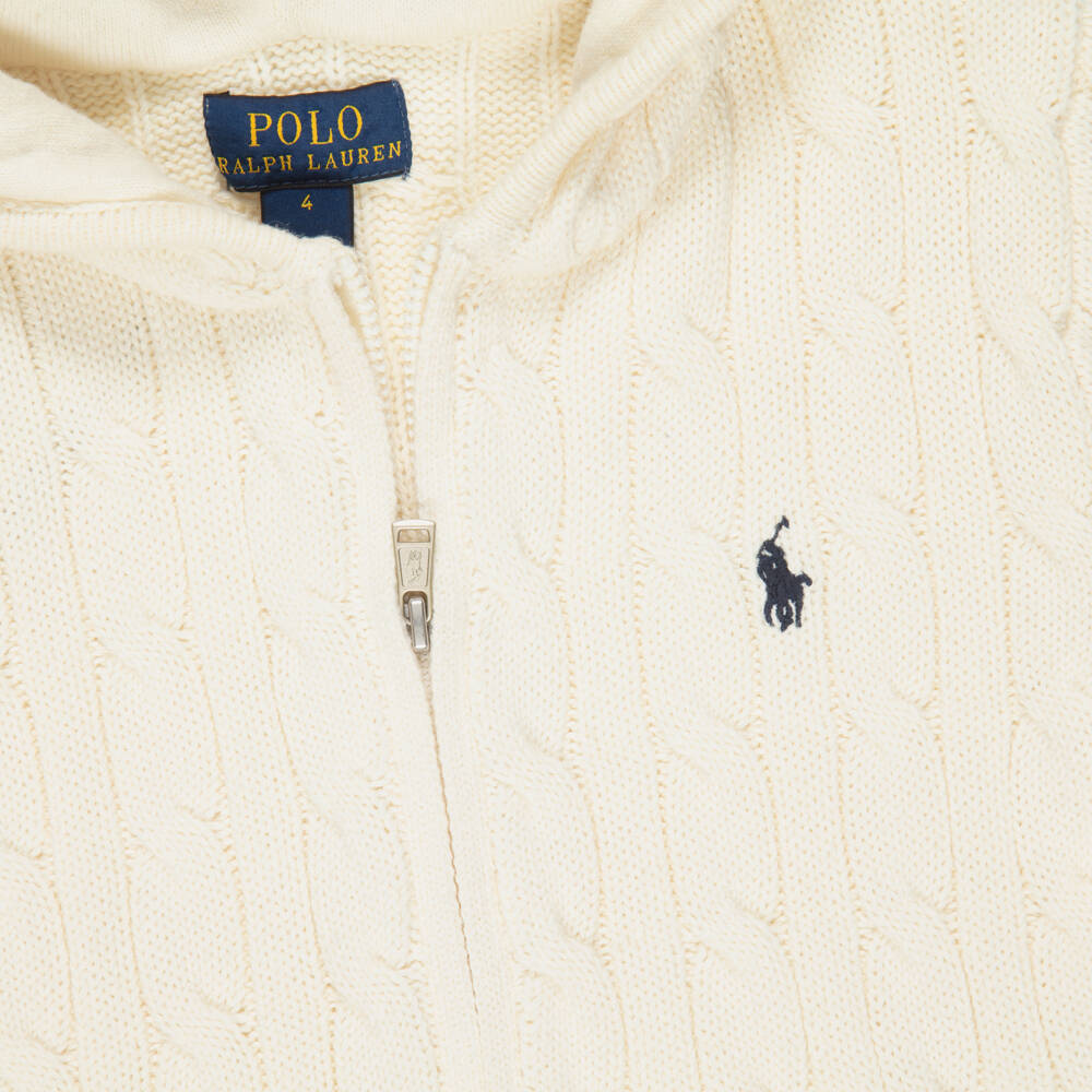 Ralph Lauren-Boys Ivory Cable-Knit Zip-Up Hoodie | Childrensalon